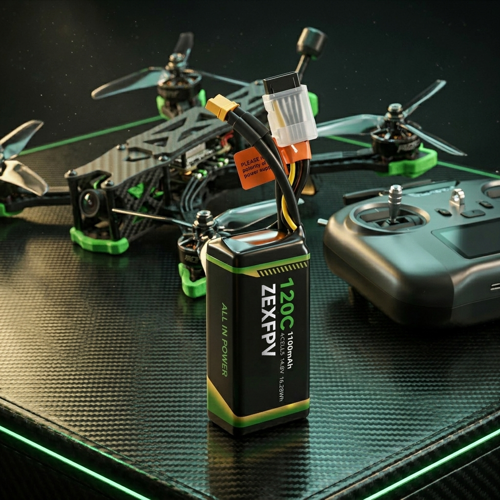 Drone with Volten battery on a dark surface