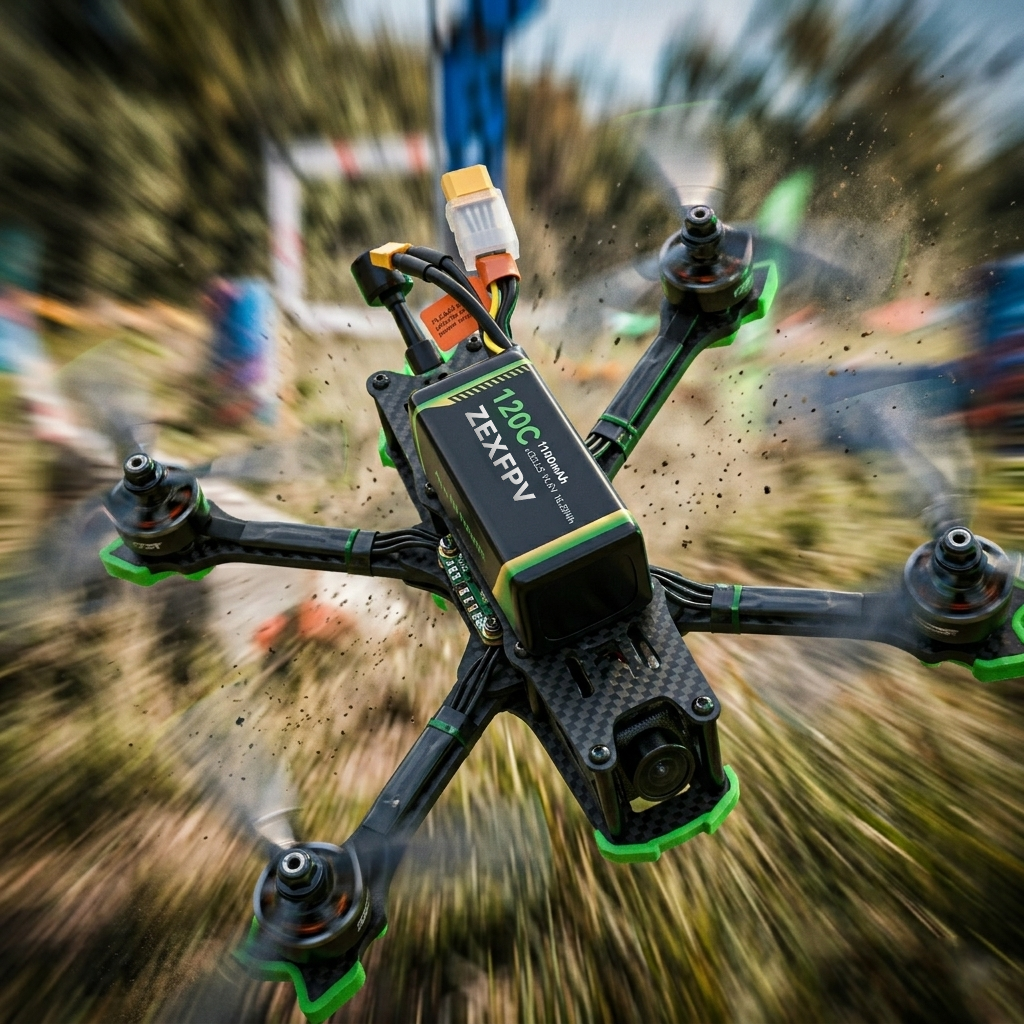 A close-up of a drone bearing the ZEXFPV brand logo in an outdoor setting.