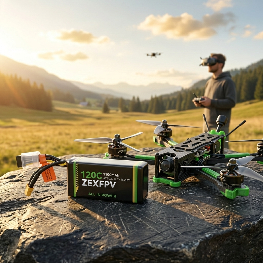 ZEXFPV drone and battery pack on a rock with a scenic background
