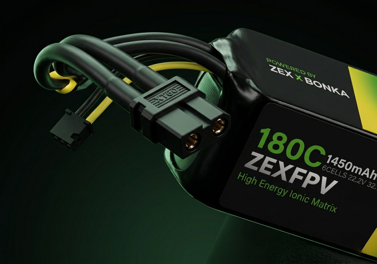 ZEXFPV battery with connectors on a dark background