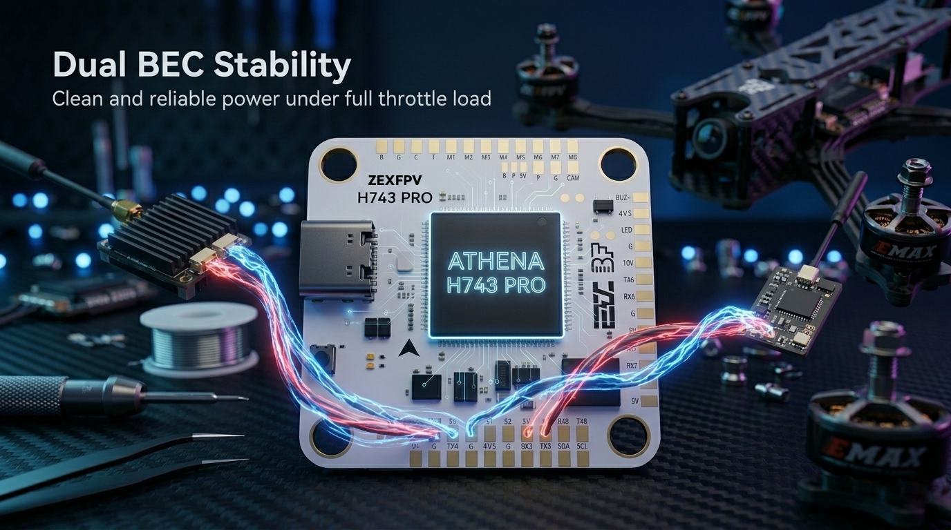 Athena H743 Pro electronic component with dual BEC stability text and drone parts in the background.
