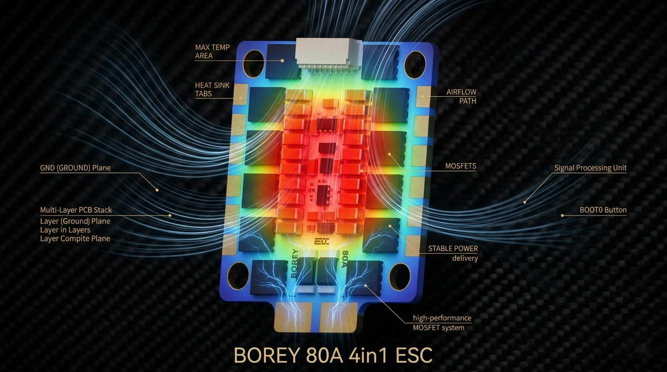 ZEXFPV ESC positioned against a dark background, accompanied by a thermal map and technical details.