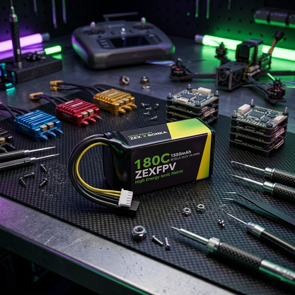 ZEXFPV battery on a workbench with tools and electronic components