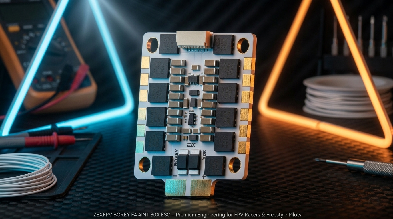 A ZEXFPV electronic circuit board placed on a dark surface and illuminated by neon lights.