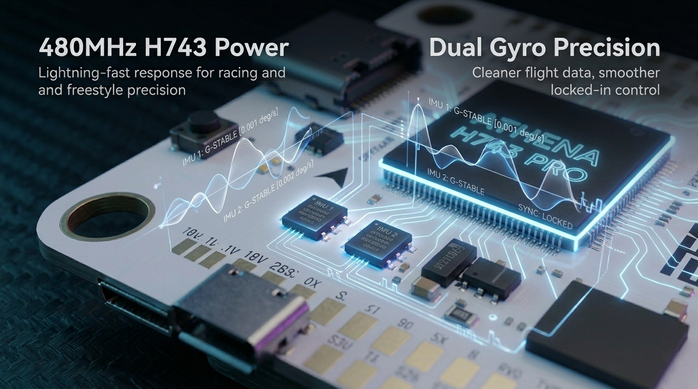 Electronic component with text highlighting 480MHz H743 Power and Dual Gyro Precision on a dark background.