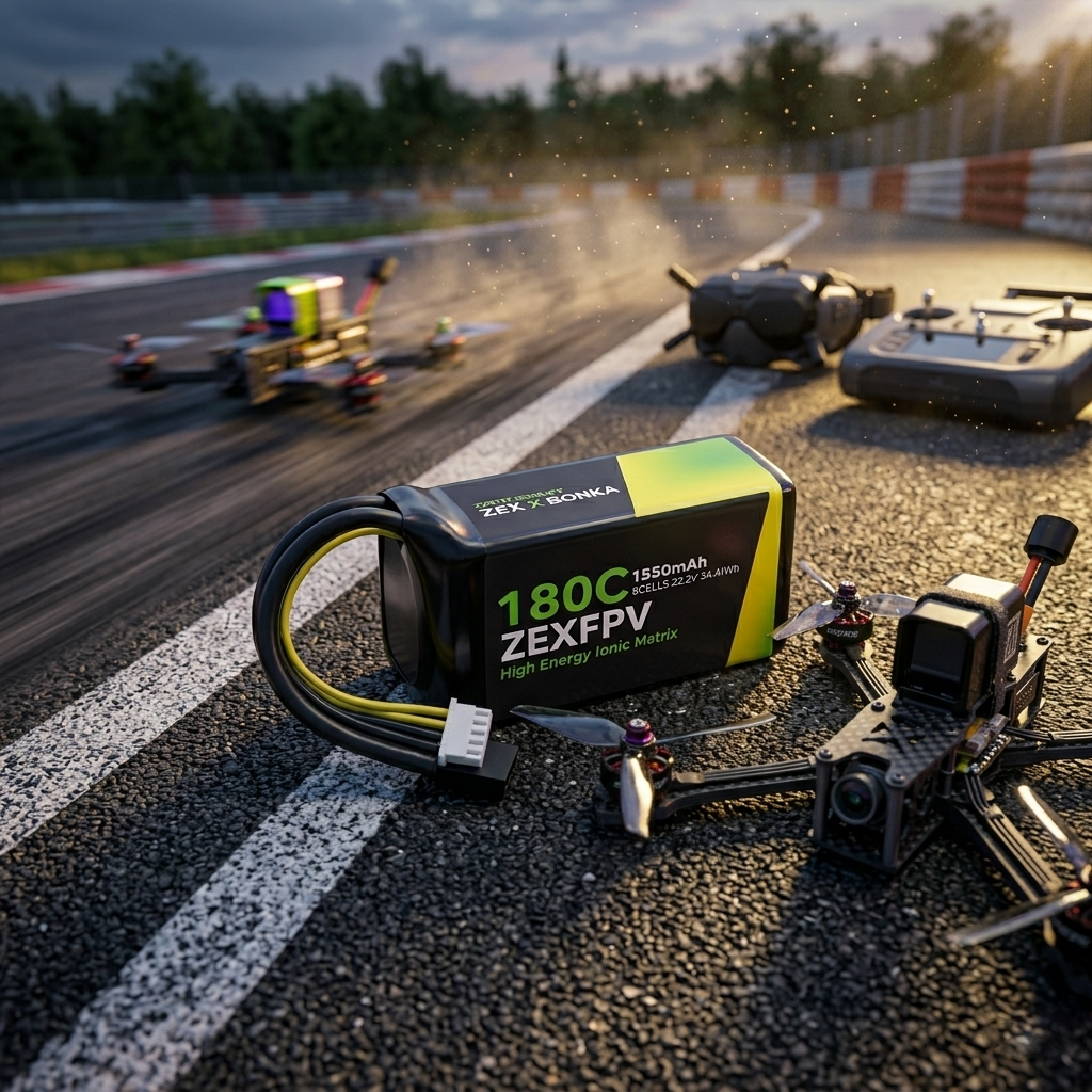 ZEXFPV battery on a race track with remote control cars in the background