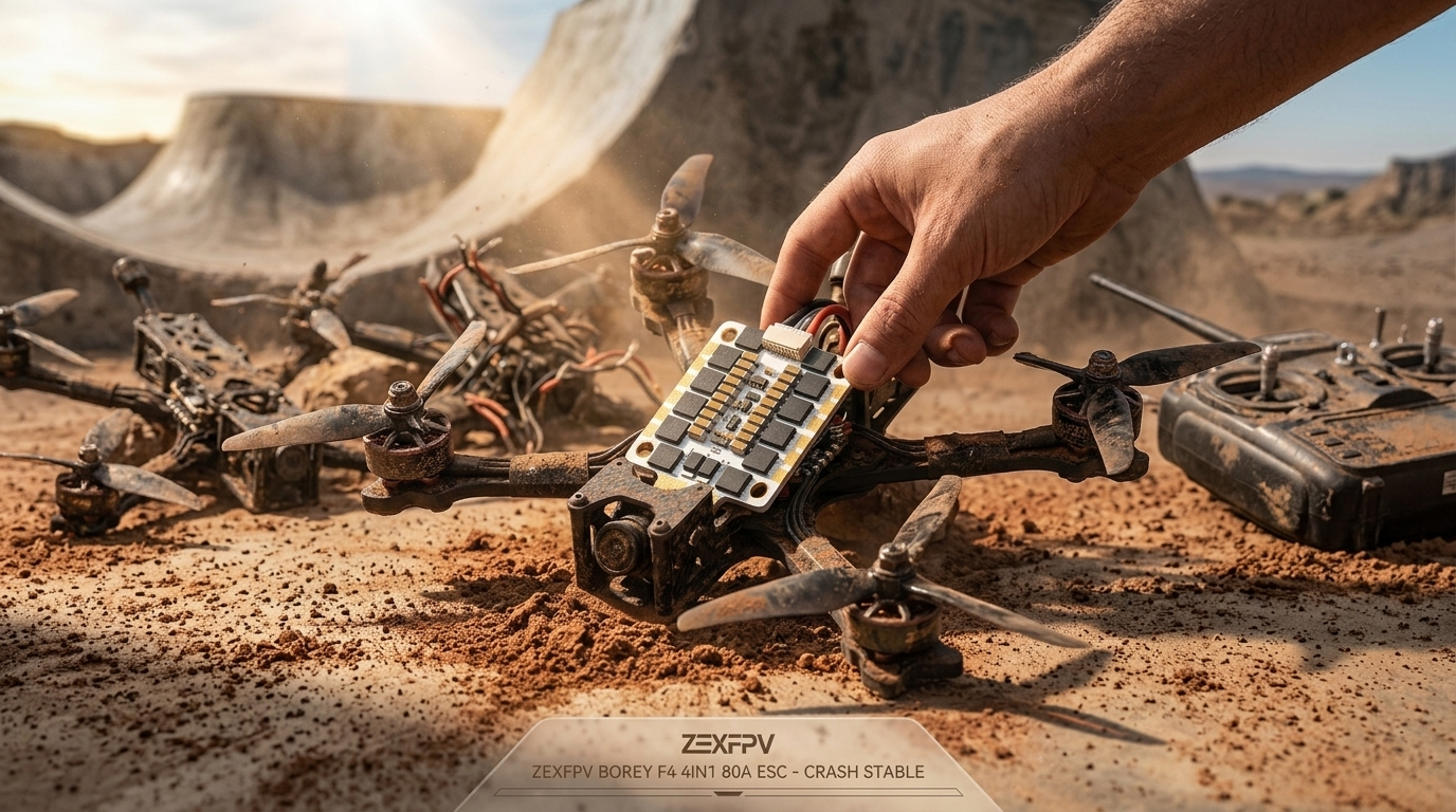 A scene depicting a ZEXFPV ESC held in one hand, resting on the desert ground.