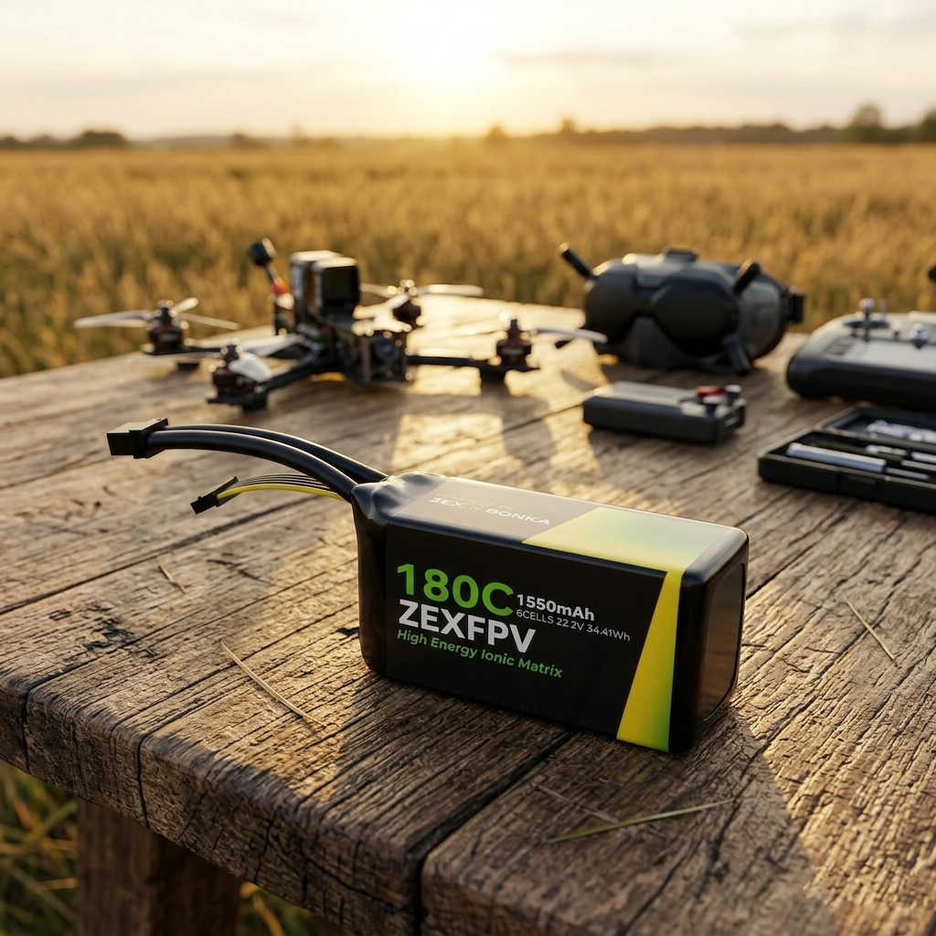 ZEXFPV battery on a wooden table with a drone in the background