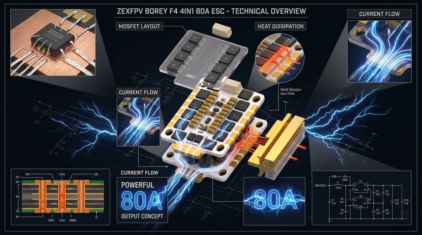 Technical overview of a ZEXFPV BOREY F4 4IN1 80A ESC with various components and flow diagrams.